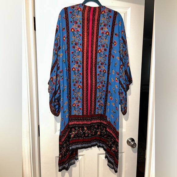 Angie Vintage Bohemian Multicolor Floral Blue Kimono Coverup Cardigan Flowy Top - Picture 9 of 14